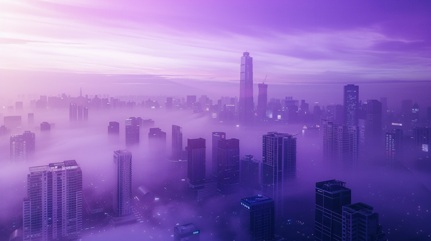 Cityscape seen from above through a purple haze